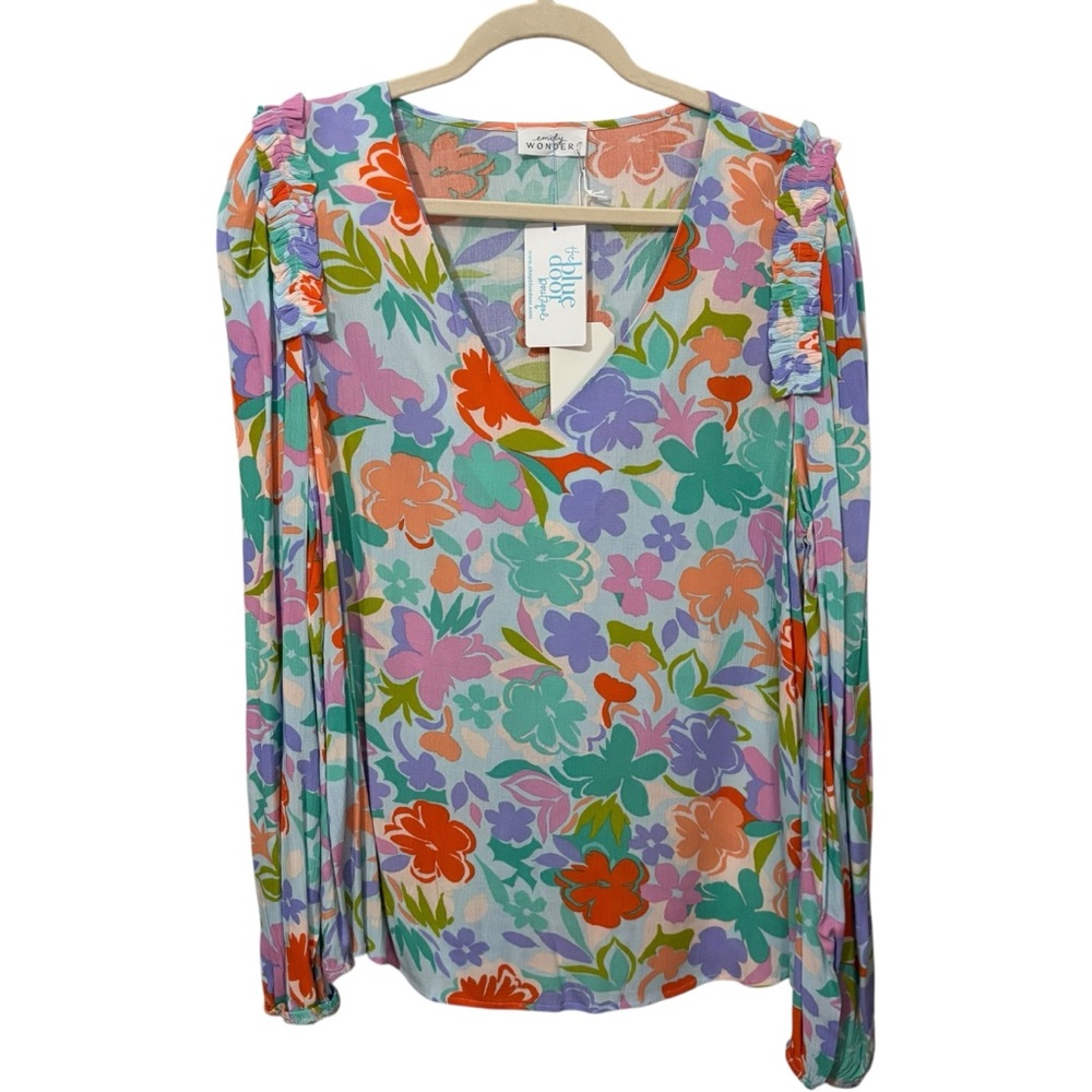 Emily Wonder Floral Blue and‎ Orange V Neck Long Sleeve Blouse Flowers Tropical
